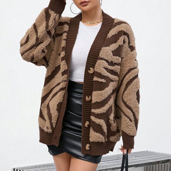 Brown Casual Women's Graphic zebra animal Print Drop Shoulder sweater Cardigan - Picture 1 of 6